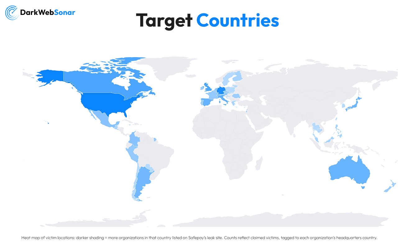 Map of SafePay ransomware leak-site listings by country